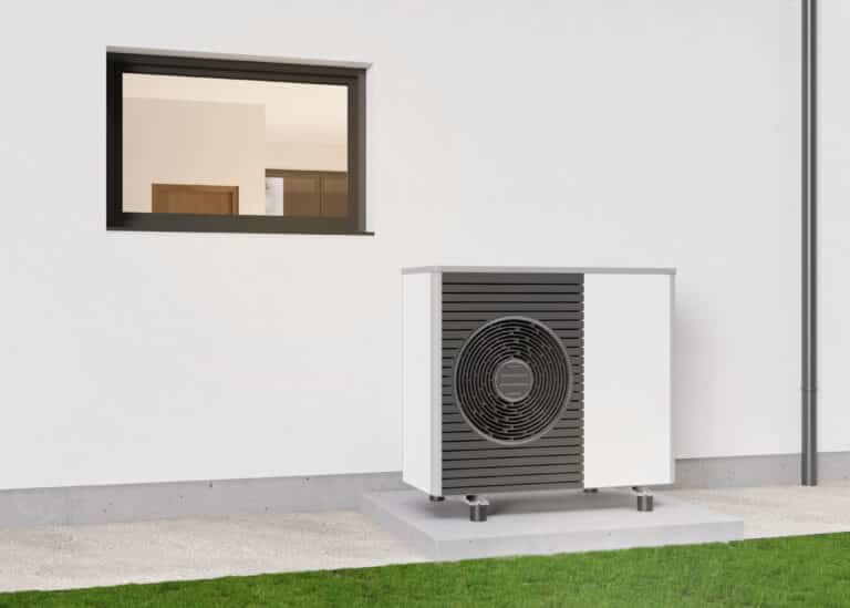 air heat pump standing outdoors. modern, environmentally friendly heating. save your money with air pump. air source heat pumps are efficient and renewable source of energy. 3d rendering.