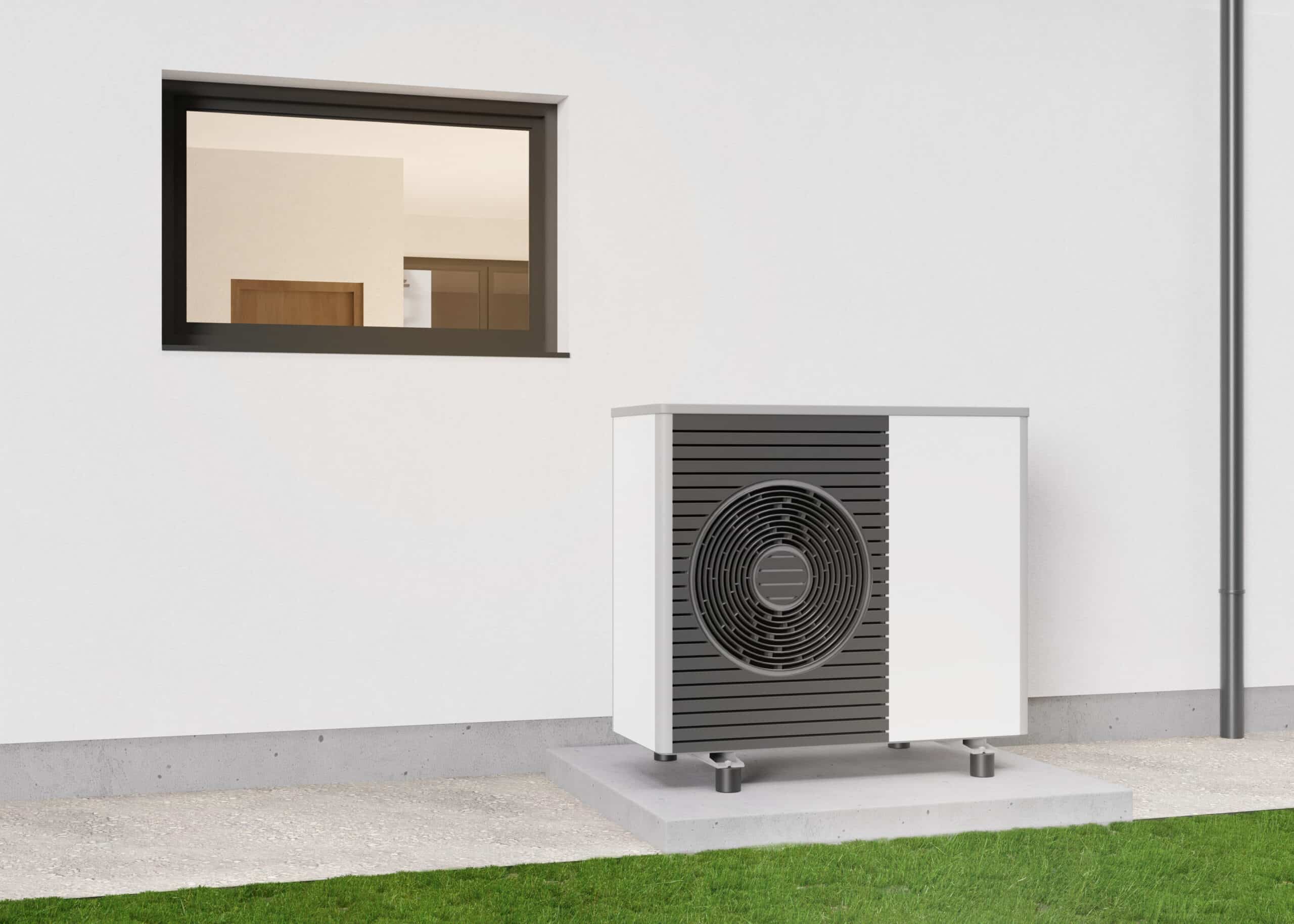 air heat pump standing outdoors. modern, environmentally friendly heating. save your money with air pump. air source heat pumps are efficient and renewable source of energy. 3d rendering.