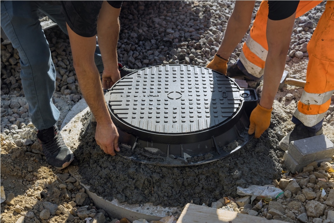 a cast iron sewer hatch is being installed in a co 2022 10 17 23 40 12 utc