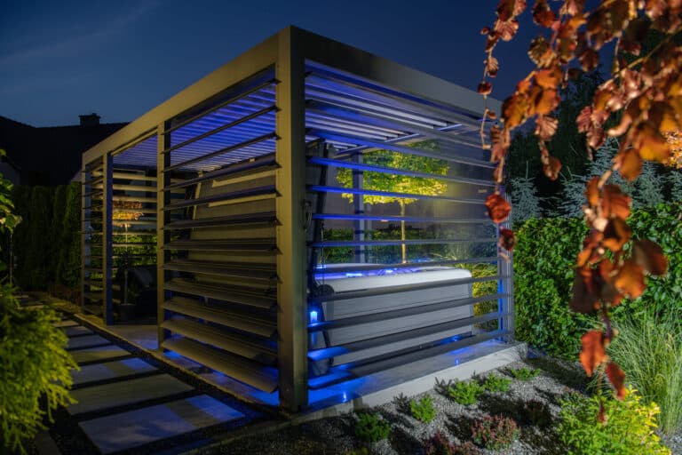 gazebo with hot tub inside a modern garden
