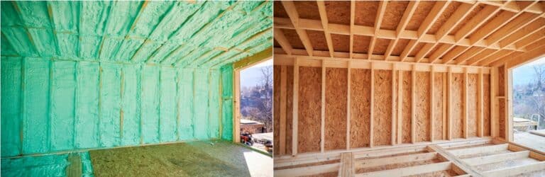 photo collage before and after thermal insulation room in wooden frame house.