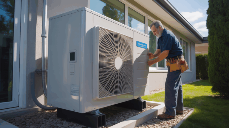 technicien inspecte pompe a chaleur