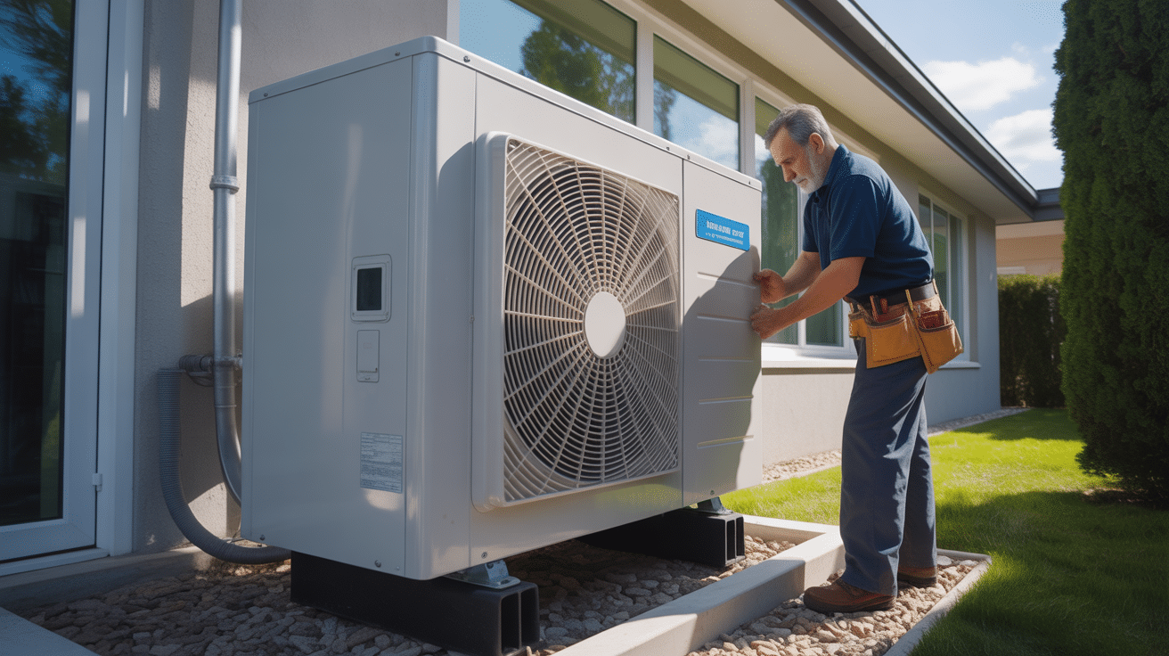 technicien inspecte pompe a chaleur